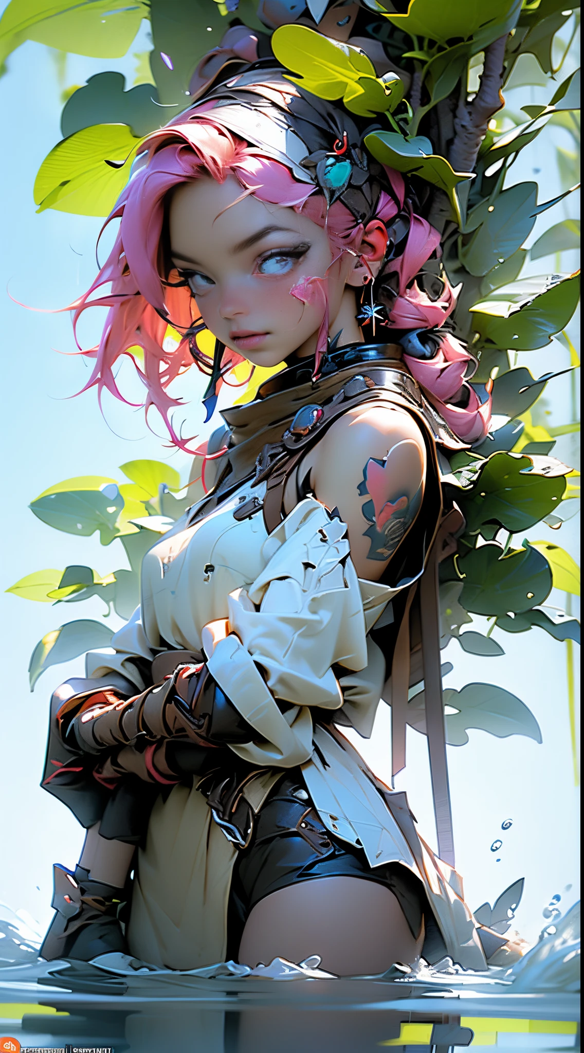 Gwenpool, colosseum,cybe,tattoo,without clothes,savage,small bust,Machine hands,shoulder length messy hair no clothing,detailed beautiful face,detailed beautiful eyes,shieid,happy, smail, super detailed skin,(Beautiful slender style anime girl), hyperdetailed painting, luminism, art by Carne Griffiths and Wadim Kashin concept art, 4k resolution, fractal isometrics details bioluminescence , 3d render, octane render, intricately detailed , cinematic, trending on artstation Isometric Centered hyperrealistic cover photo awesome full color, hand drawn , gritty, realistic mucha , intricate, hit definition , cinematic,Rough sketch, bold lines, on paper,((doragon)).((water))