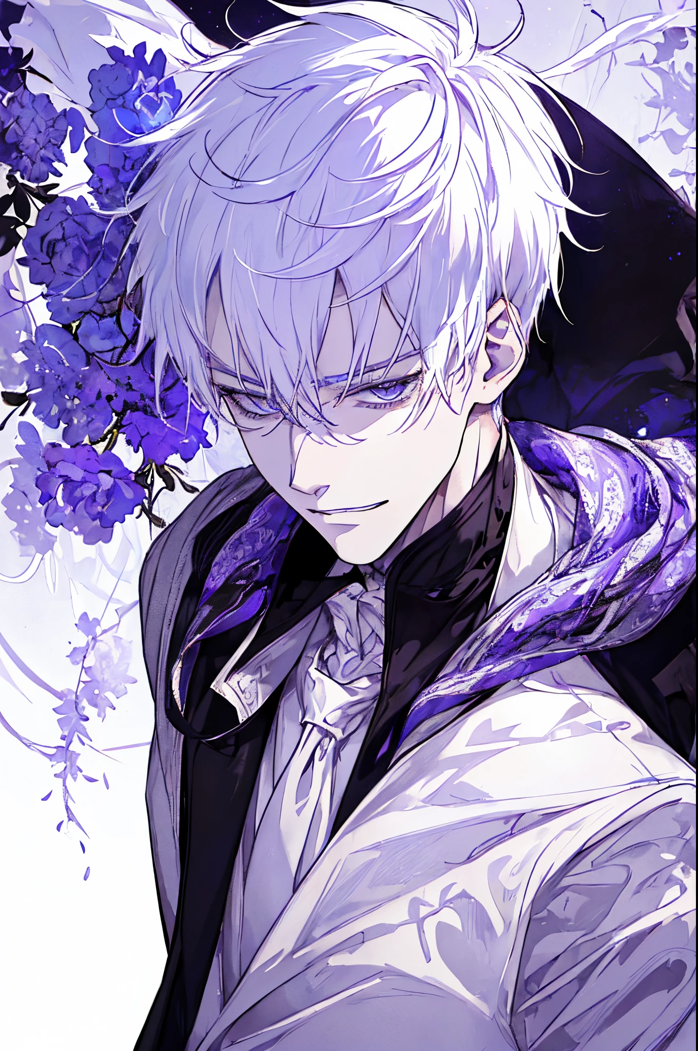 Ultra detailed, HDR, Highres, absurdres, master piece, Gojo Satoru, white hair with bangs, expressive blue eyes, white eyelashes, hair between the eyes, Jujutsu Kaisen, purple background, petals, fantasy, purple flowers, sexy man, solo, extremely detailed face and eyes, handsome, glittering, toned chest, black coat, black coat with patters, sitting, tattoo on his neck, purple background, holding a plushie of Fushiguro Megumi, purple glittering butterflies