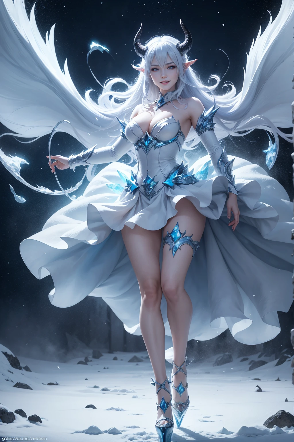 full length view of young smiling female ice demon, wearing heels, with horns, controlling blizzard with her arms and body in dynamic motion, surrounded by blizzard and ice, cold winter themed, hyper detailed, cinematic light, endless melody