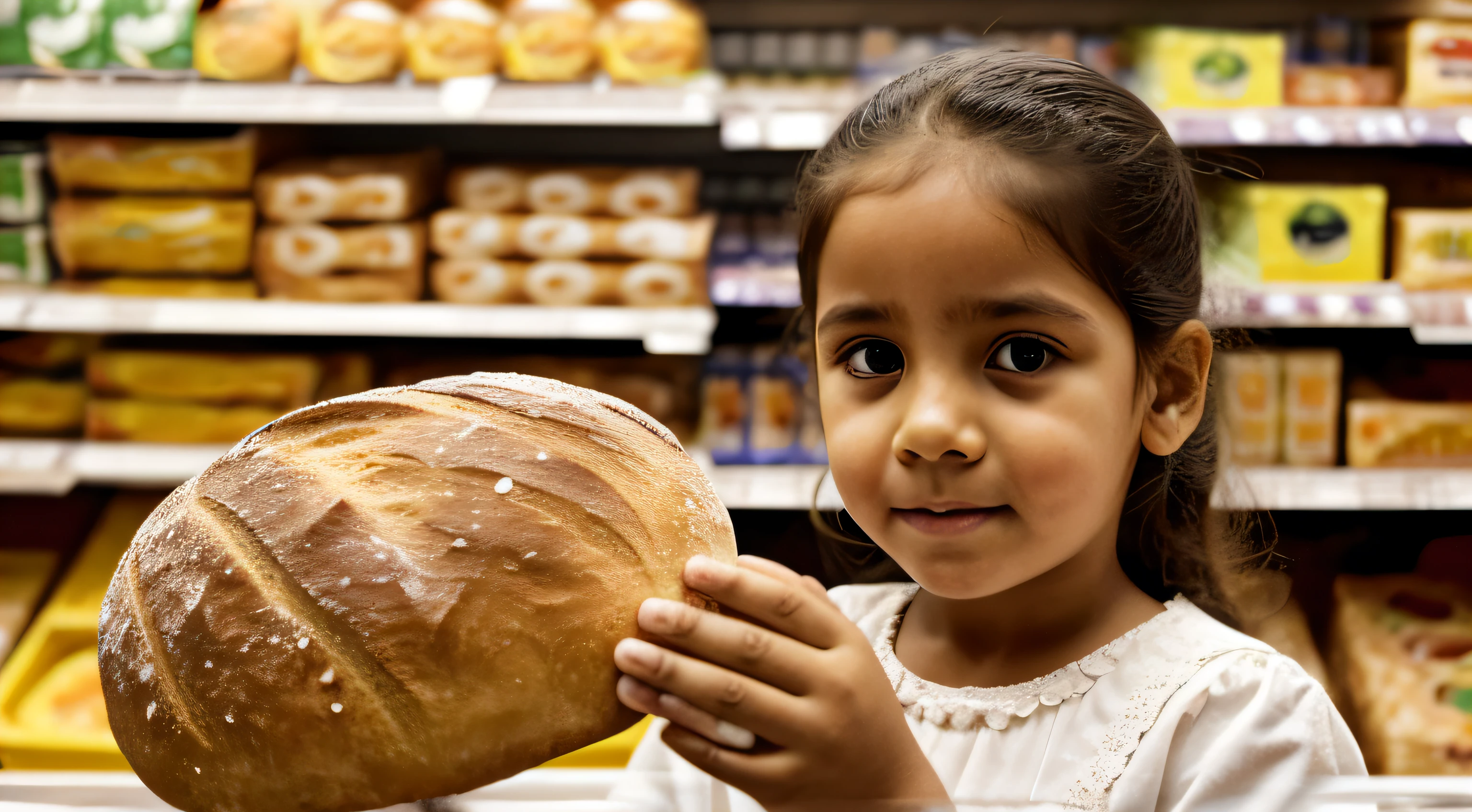 Com medo estampado em seu rosto, Maria Clara, de 5 anos, holding bread inside grocery store.