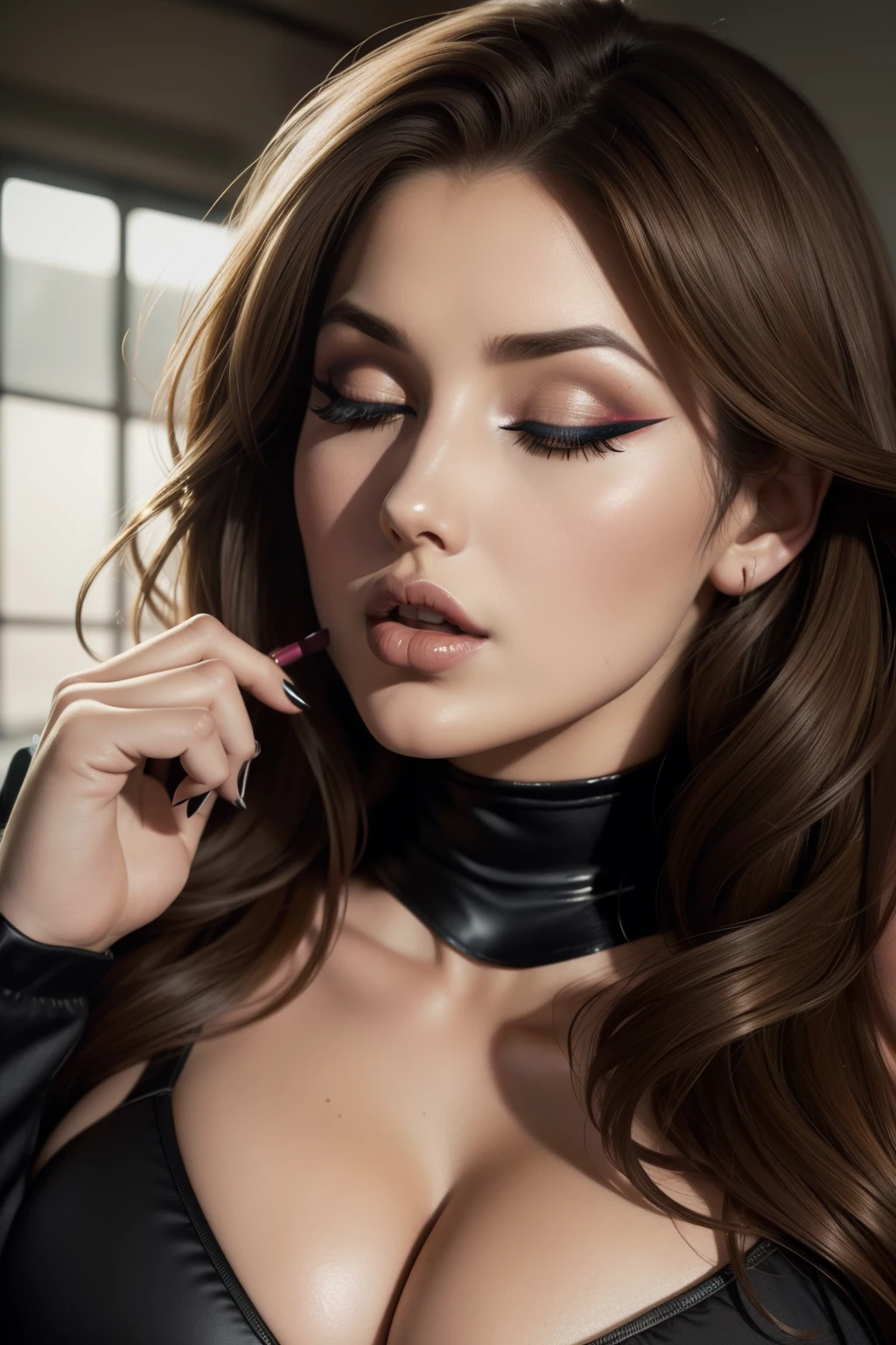 lucy pinder, mouth wide open, ((Very intense makeup)), neckline, brilliant lipstick, voluptuous, Adele, cheerleader, eyes closed