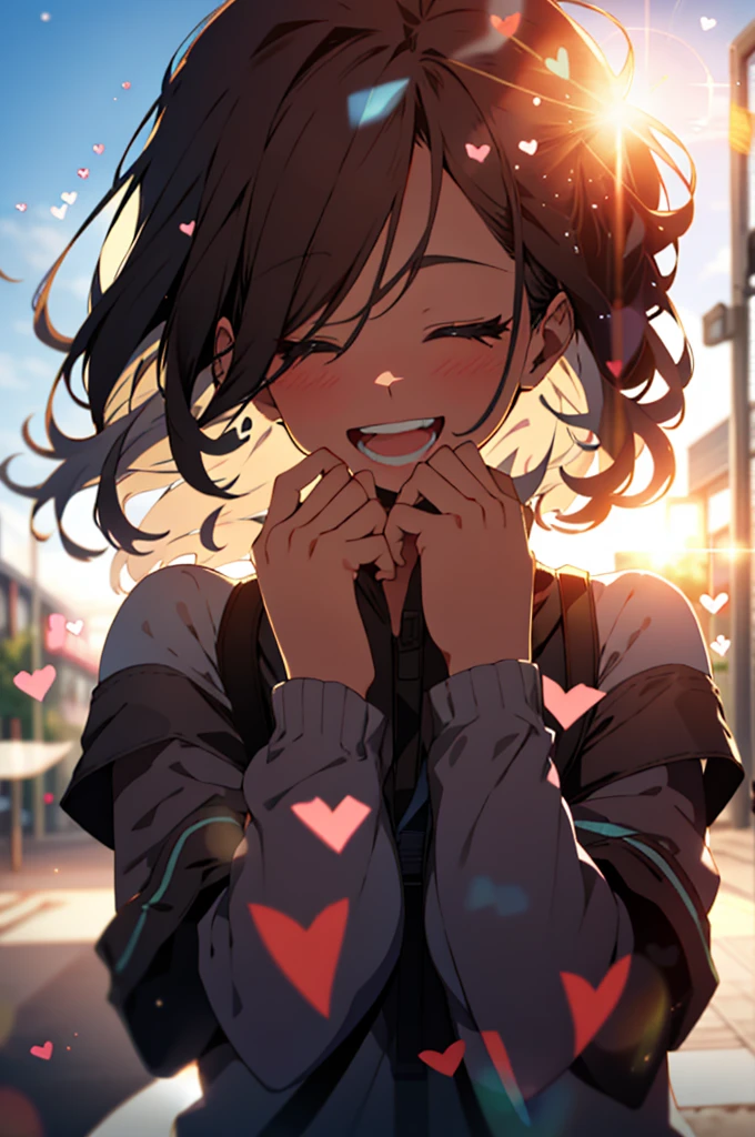 an girl, upper body, (huge Laughing:1.1), (open mouth:1.1), closed eyes, sun glare, bokeh, depth of field, blurry background, light particles, strong wind, (heart particles:1.2)