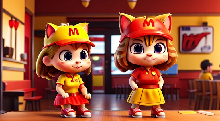 Hamburger clerk cat wearing red and yellow uniform、Carry a burger tower、Skating on roller skates、Sun visor、a miniskirt、Good Style、poneyTail、mcdonalds、Cat's ears、独奏