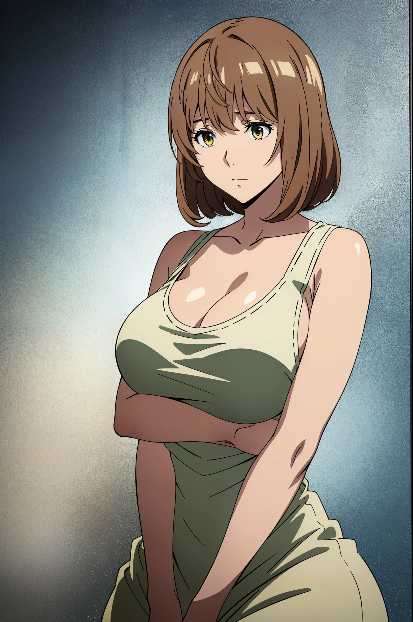 Best Quality, masutepiece, Brown hair, Yellow eyes, Yuriko Aoki, Embarrassed look, (oversize breast:1.5), cleavage of the breast, (white tank-top:1.5, no-bra:1.3, Thin fabric), Slimed, Arms Down:1.3, Breast squeeze:1.5, Upper body, Bedrooms, (Perfect Anatomy, perfect detailed body, Beautiful detailed eyes, Beautiful detailed skin),