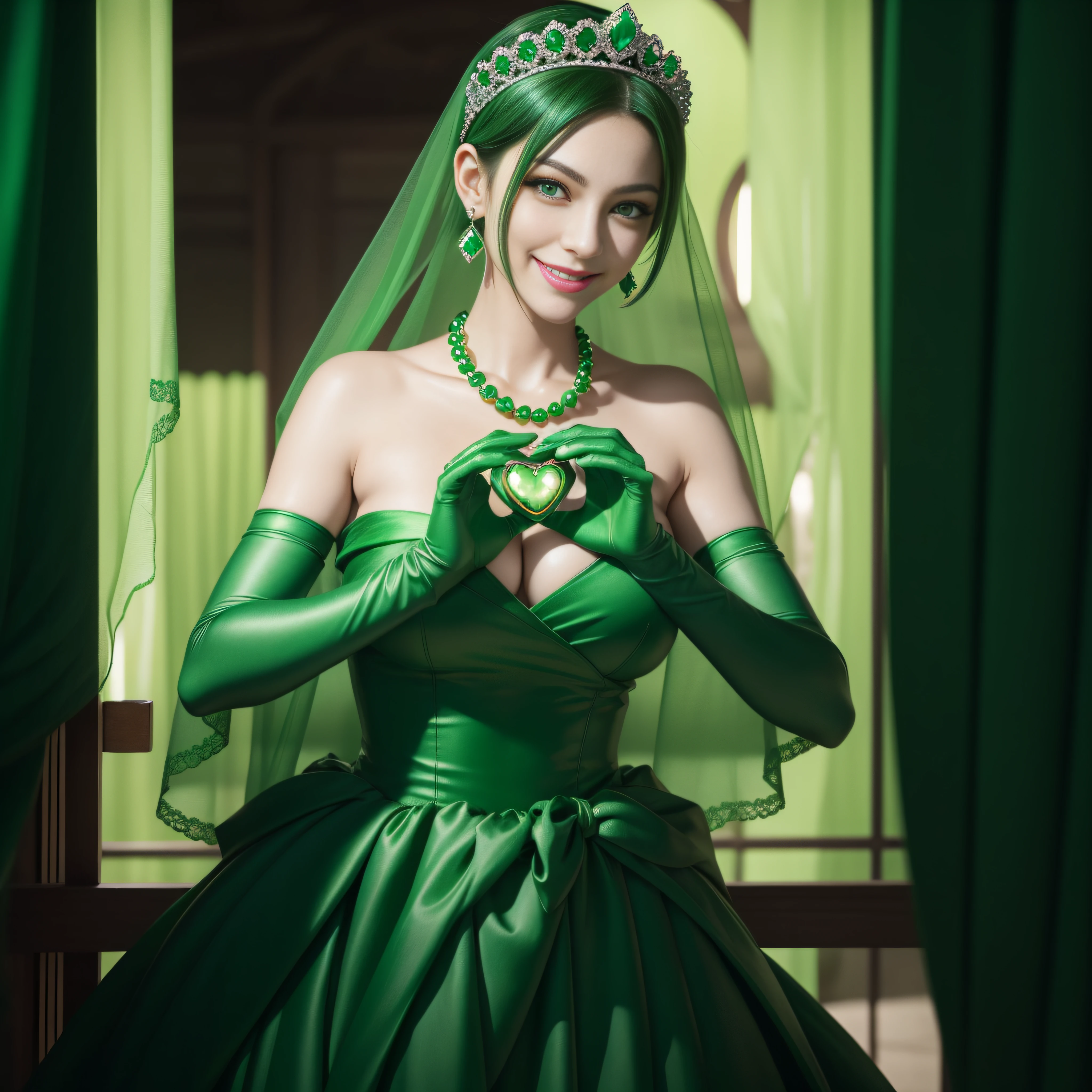 emerald tiara, Green Pearl Necklace, Boyish very short green hair, lipsticks, Japan woman smiling, very short short hair, big breasts beautiful, Green eyes, Long green gloves made of satin material, Green eyes, Emerald Earrings, green vale, Heart with both hands