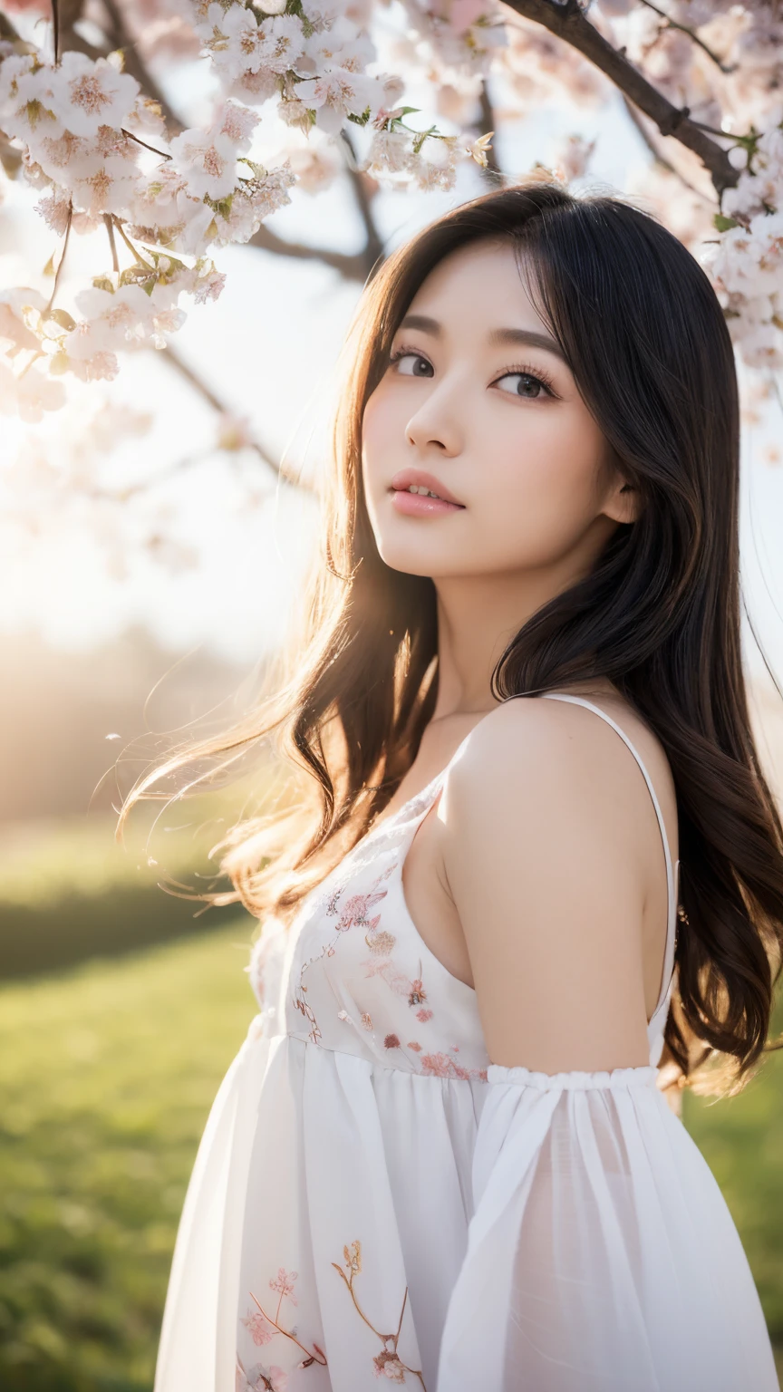 A beautiful Japanese shy girl, age 20 years old, light honey long hair, brown eyes, shiny lip, shiny hair and shiny body, wearing shiny white babydoll dress, in Vast flower fields, light shine in, ecstatic expression, Photo with blurred background, leaning forward
