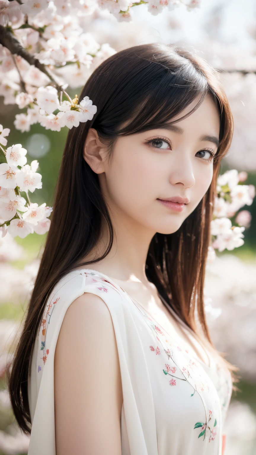 (A logo、masterpiece、8K、masutepiece、Raw photo、Fantastic、Best Quality、Photorealistic、extremely detailed CG unified 8k wallpaper、hightquality、ighly detailed、epic poem、Particle effect、Dynamic effects、depth of fields、Cinematic Light、Lens Flare、Ray tracing)、Fantasia、 (Beauty 1 person、White Japanese Clothing、Japanese dress、White cherry blossom pattern、White cherry blossom embroidery pattern、A dark-haired、Beautiful face、Real Face、Beautiful detail eyes、Beautiful skin)、Hair flutters in the wind、Hair jumps、Pink cherry blossom tree、Petals flutter、Sakura blizzard、Superb view、morning glow、Sun in the background、the wind、Deities、tusk、myth、Vast Land、