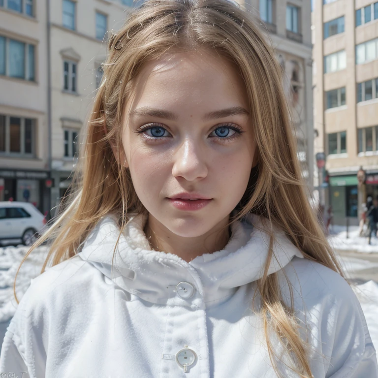 (realistic, photo-realistic:1.4),(8k, RAW photo, best quality, masterpiece:1.2), cute, ultra-detailed,heart-shaped pupils, physically-based rendering, ultra high res, kodakvision color, shot on Arricam LT Camera, bokeh, sharp focus, looking at viewer, photorealistic,realistic, solo, photorealistic, best quality,extremely detailed face,extremely detailed eyes and face, (blond girl,) clear eyes, beautiful detailed eyes,absurdres, incredibly absurdres,haunting smile,Messy hair, floating hair, round blue big eyes, clear big eyes, moist red lips, sweet, blue sky and white clouds, sunshine,Top Fashion, ((White Plush Coat)), (Snow: 1.5, Walking Street, Winter City),