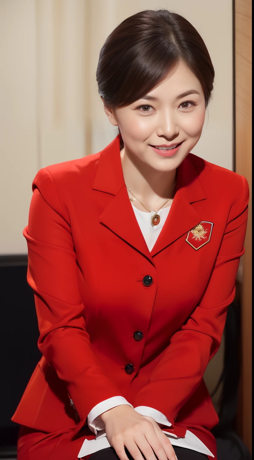 tmasterpiece,Best quality at best, (sweetheart. employee:1), ((Red professional attire:1.3)), arms folded,big chest, ssmile,Red professional attire,legs long,skin hyper-detail,Unclog pores,in a panoramic view,hip is cocked,blackstockings,Beautiful young Japanese woman in her 40s, It's a perfect face, goodlooking, (detailedfacialfeatures), Face is clean and beautiful