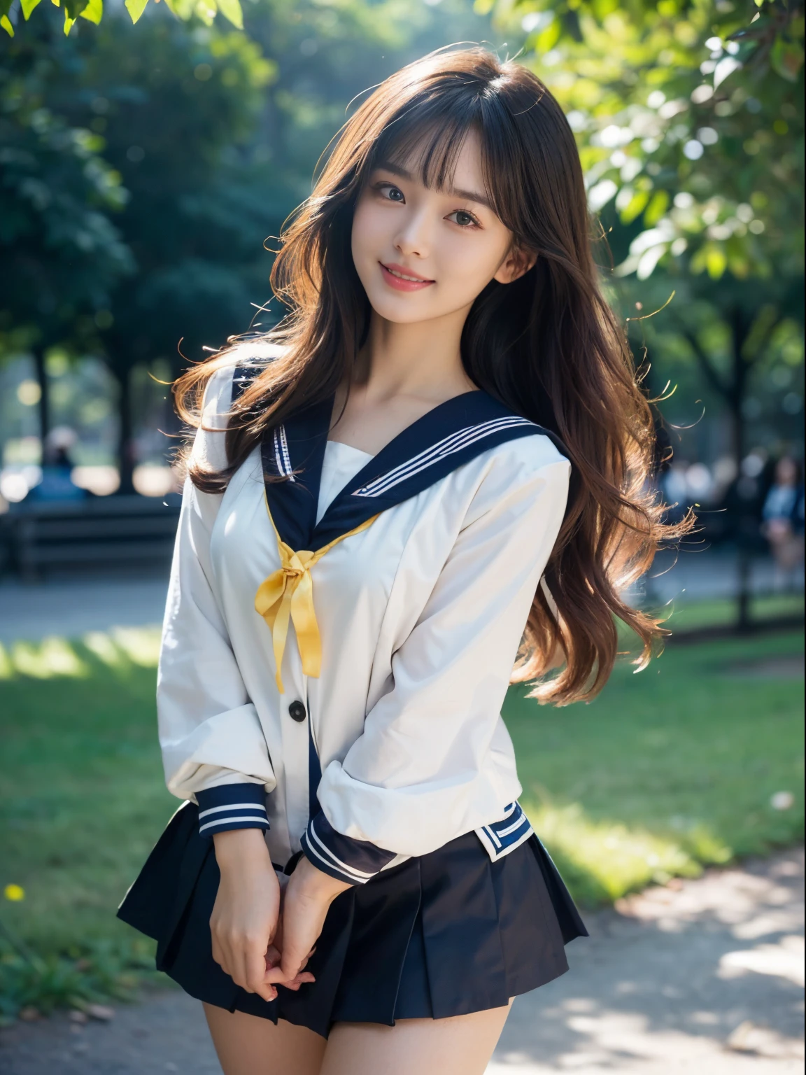 (top-quality、masutepiece、超A high resolution)、(Looking at the camera、Kamimei:1.2、a smile:1.5)、(Semen、a wet body:1.4)、inside in room、a beauty girl、a blond、bangss、Medium hair、cleavage of the breast、kawaii faces、Beautiful eyes、((hi-school girl、a sailor suit、skirt by the、Black knee-high socks))