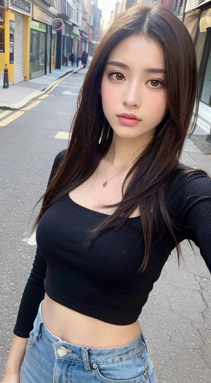 ((Mejor calidad, 8k, Obra maestra: 1.3)), foco nítido: 1.2, Una mujer bonita con figura perfecta: 1.4, Abdominales delgados: 1.2, ((Long dark brown hair, Senos grandes: 1.0)), (Luz natural, calle de la ciudad: 1.1), Textura de cara y piel altamente detallada, Ojos detallados, 二重まぶた
