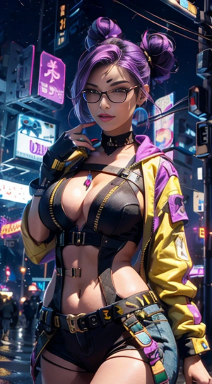 masterpiece, maximum quality, ultra high resolution, 8k, a girl,beauty,21years old,fair skin, extremely beautiful, ((Wheat colored skin)), alone, cyberpunk outfit, extremely detailed face, detailed eyes, mischievous smile, cheerful, realistic photo, totally realistic, human pelle, studio lighting,golden ratio body, wide hips,perfect legs, big ass, purple hair, double buns,D-cup breasts,in the cyberpunk city,cyberpunk city background,((night))