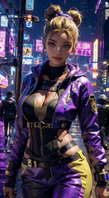 masterpiece, maximum quality, ultra high resolution, 8k, a girl,beauty,21years old,fair skin, extremely beautiful, ((Wheat colored skin)), alone, cyberpunk outfit, extremely detailed face, detailed eyes, mischievous smile, cheerful, realistic photo, totally realistic, human pelle, studio lighting,golden ratio body, wide hips,perfect legs, big ass, purple hair, double buns,D-cup breasts,in the cyberpunk city,cyberpunk city background,((night))