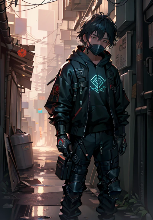 ultra detail, high resolution, ultra detailed, best quality, amazing, top quality, extremely detailed CG unity 8k wallpaper, cinematic lighting, cyberpunk, dark boy, trash gang facemask