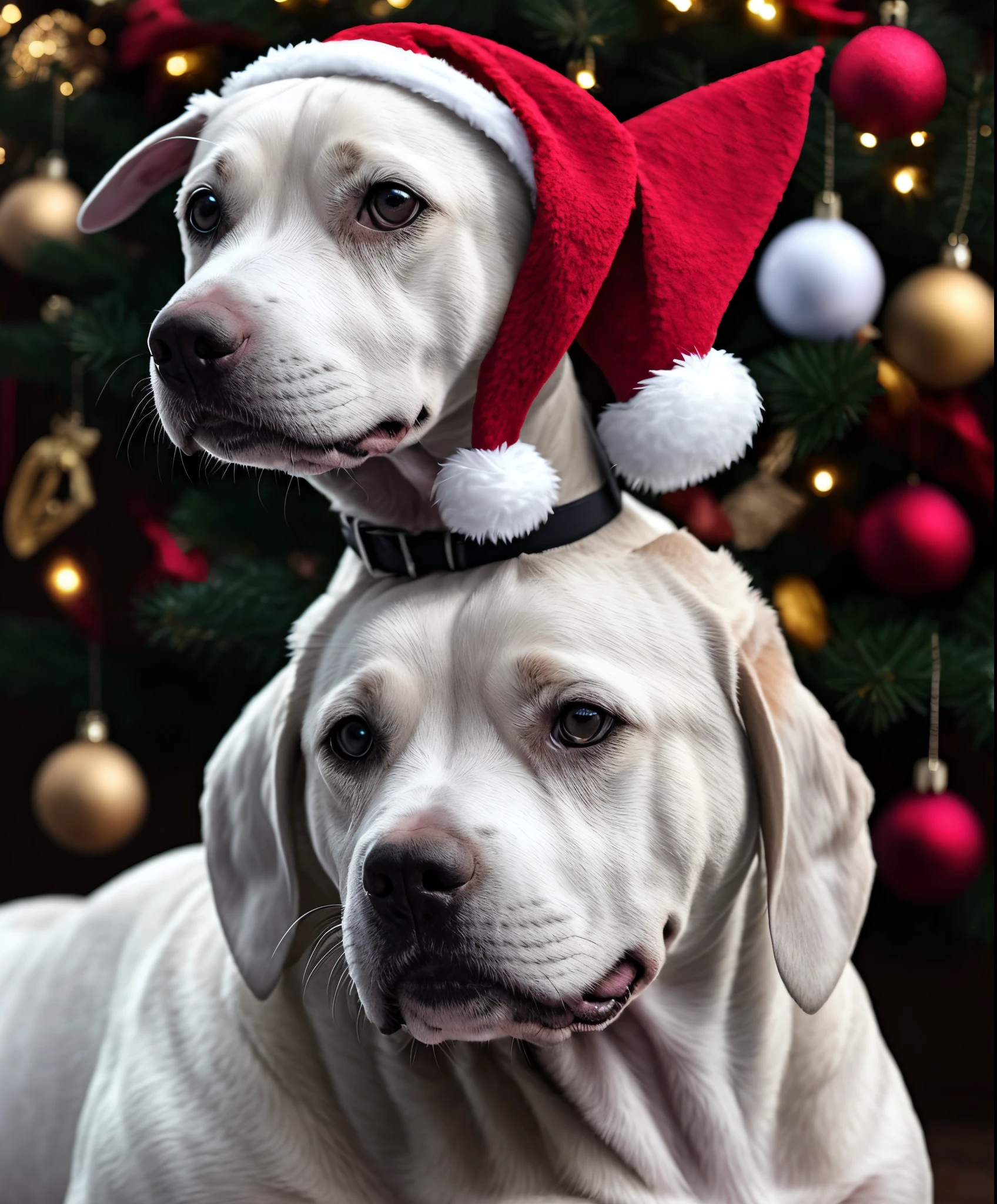 White pitbull with Christmas hat