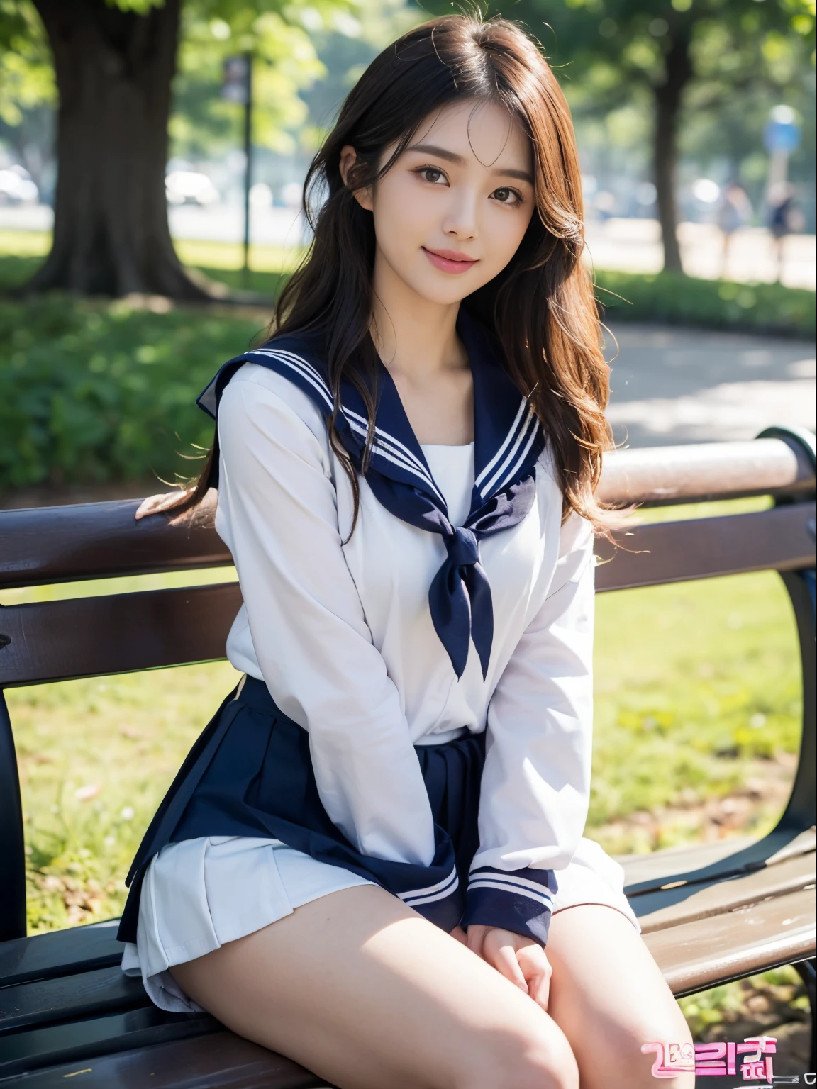 girl walking in city,long-sleeved white sailor ballet leotard with skirt,white tights,red bow tie,yellow hairband with ribbon bow,18-year-old,bangs,a little smiles,thighs,crotch,knees,blown hair,from below