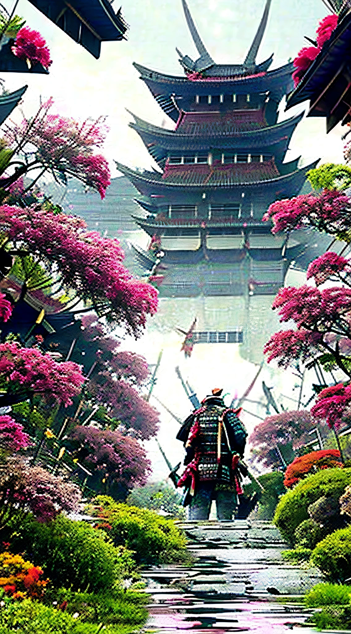 vista lejana samurai caminando por un riachuelo viendo una casa japonesa, con petalos de flor de cerezo caidos, esencia de cultura japonesa