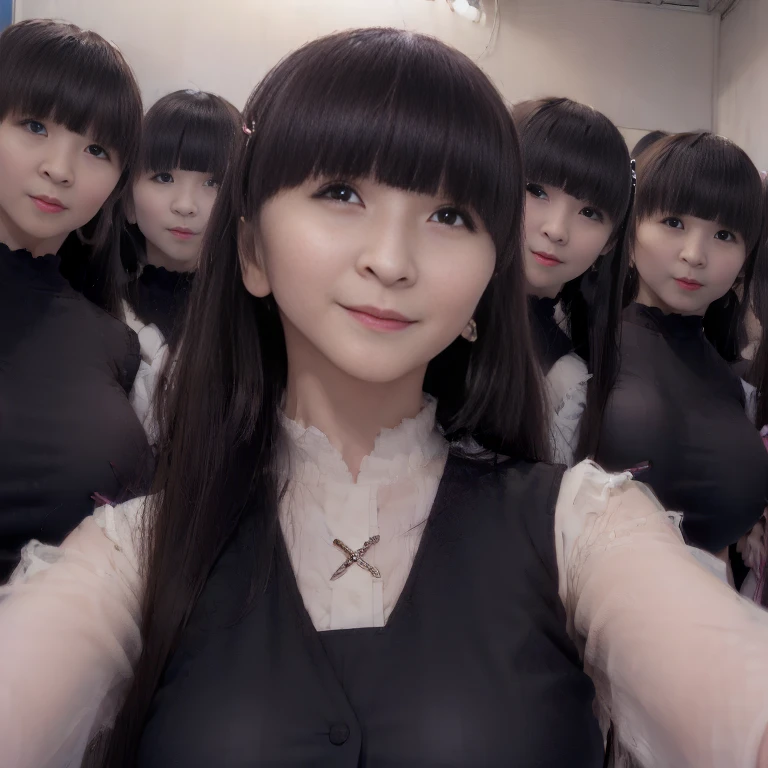 a picture、(((multiple girls))),((((6+girls))))、((10 girls))、The same face、matching school uniform、************、Long black hair、10 cute girls、((((Gigantic Breasts))))、a smile、Selfie stick、‎Classroom、Raw photo、same person、Doppelganger、(group portraits)、a junior high school student