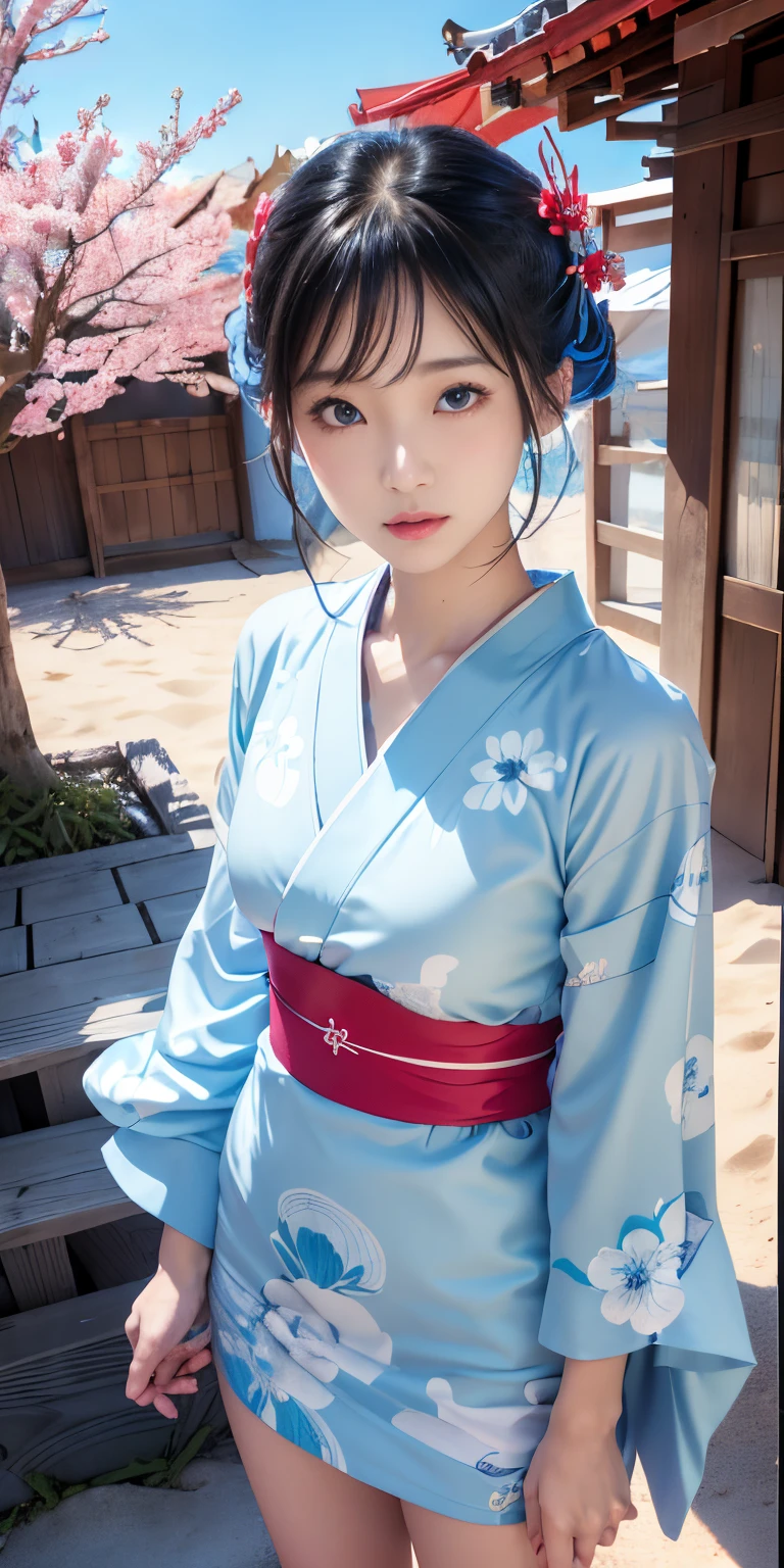 (Light blue kimono:1.2)、(Komono:1.2)、(Bright floral pattern)、(long-sleeve)、1 girl、full body Esbian、(short-haired)、(reallistic:1.7)、((Top image quality))、absurderes、(超A high resolution)、(Photorealsitic:1.6)、Photorealsitic、octane renderings、(hyper realisitic:1.2)、(photorealiscic face:1.2)、(8K)、(4K)、(​masterpiece)、(realistic skin textures)、(illustratio、Cinematographic lighting、wall-paper)、(beautidful eyes:1.2)、((((face perfect))))、(cute little)、(is standing)、red-lips、outside of house、(Japanese Style Country)、Detailed cute face、Realistic Beauty、Light in the eyes、Looking at the camera、placket、Dimples