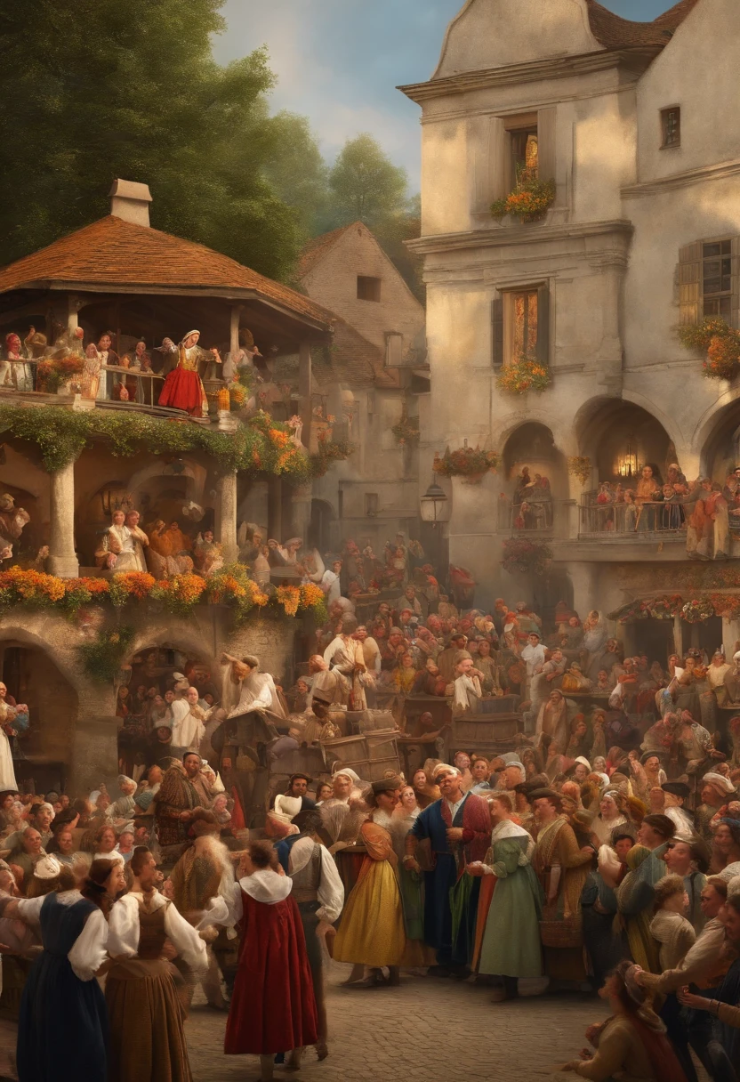 festival, fun and rejoicing in the village square, crowd of townspeople, joyful mayor. in the 17th century
