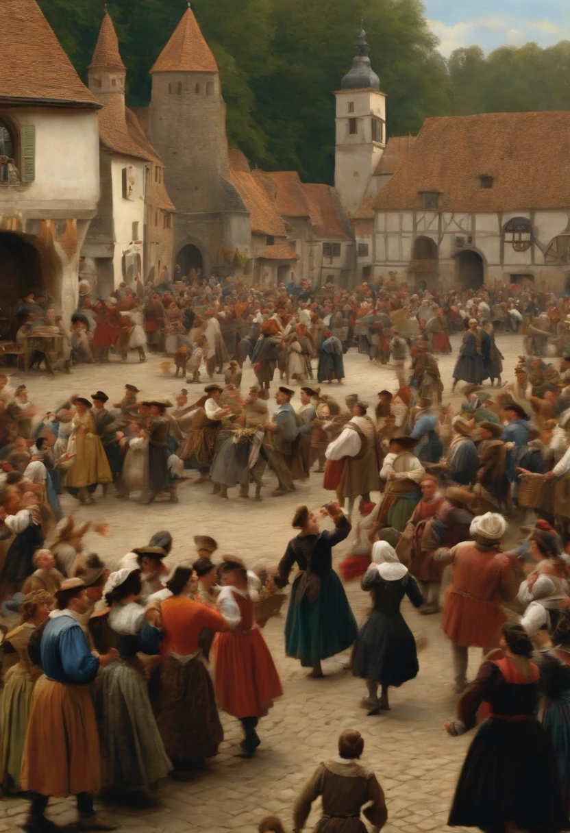 festival, fun and rejoicing in the village square, crowd of townspeople, joyful mayor. in the 17th century