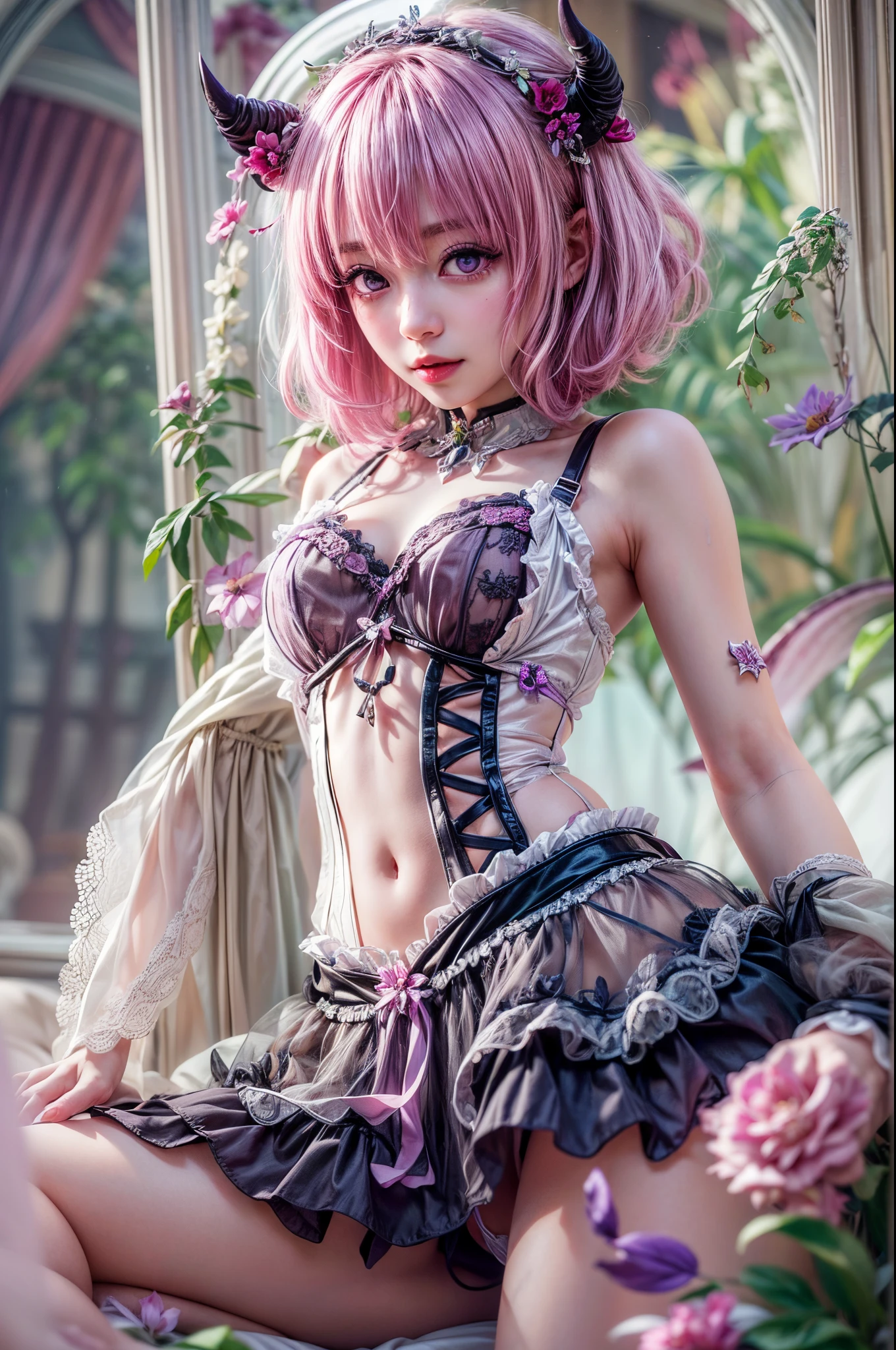 "((Momo Deviluke))14 years old, in realistic style, Mint Colored Lingerie with Garters and Corset, cinematic atmosphere, soft focus, ethereal glow, carefully posed, high resolution, mesmerizing details"demon tail,momo deviluke, demon tail, hair flower, hair ornament, (purple eyes:1.1), pink hair, short hair, tail,