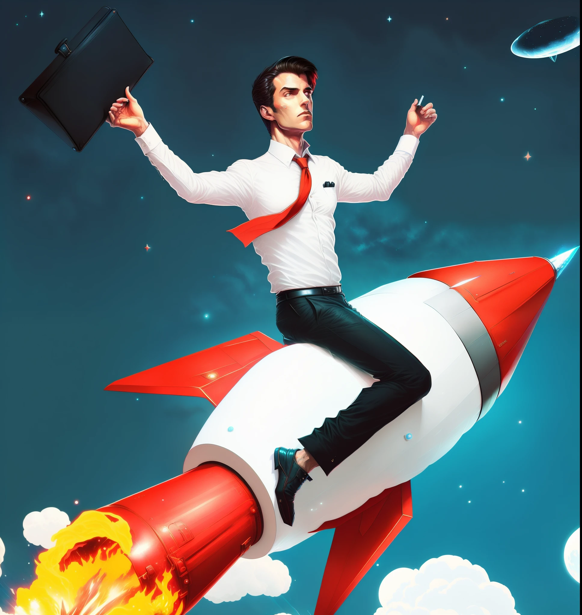 A well-dressed businessman, clad in a crisp white shirt, blue pants, and a vibrant red tie, is perched atop a miniature white rocket adorned with round windows. The rocket, complete with a red tail emitting flames from its propulsion, propels the businessman through the cosmic expanse. The rocket features a pointed red beak, and in the businessman's hand, a sleek black leather briefcase, carried by him, adds a touch of professionalism to this surreal scene. Against the backdrop of a starry outer dark space, this whimsical portrayal captures the essence of a high-flying entrepreneur navigating the vast business cosmos with lots of brillant stars.