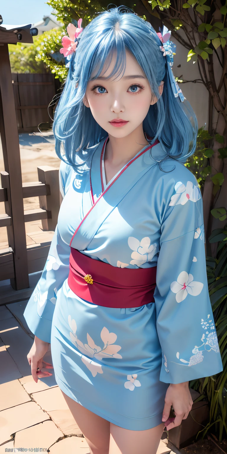 (Light blue kimono:1.2)、(Komono:1.2)、(Bright floral pattern)、(long-sleeve)、1 girl、full body Esbian、(short-haired)、(reallistic:1.7)、((Top image quality))、absurderes、(超A high resolution)、(Photorealsitic:1.6)、Photorealsitic、octane renderings、(hyper realisitic:1.2)、(photorealiscic face:1.2)、(8K)、(4K)、(​masterpiece)、(realistic skin textures)、(illustratio、Cinematographic lighting、wall-paper)、(beautidful eyes:1.2)、((((face perfect))))、(cute little)、(is standing)、red-lips、outside of house、(Japanese Style Country)、Detailed cute face、Realistic Beauty、Light in the eyes、Looking at the camera、placket、Dimples