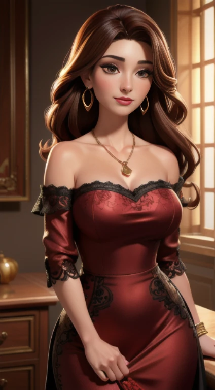 (extremely detailed CG unit 8k wallpaper, masterpiece, best quality, ultra-detailed), (best lighting, best shadow), 45 year old Spanish woman, mature, square face, wearing 1 red rose on necklace neck, wearing black lace dress with red, golden earrings, features like a maria padilla, (highly detailed skin: 1.2), medium brown loose hair with lights