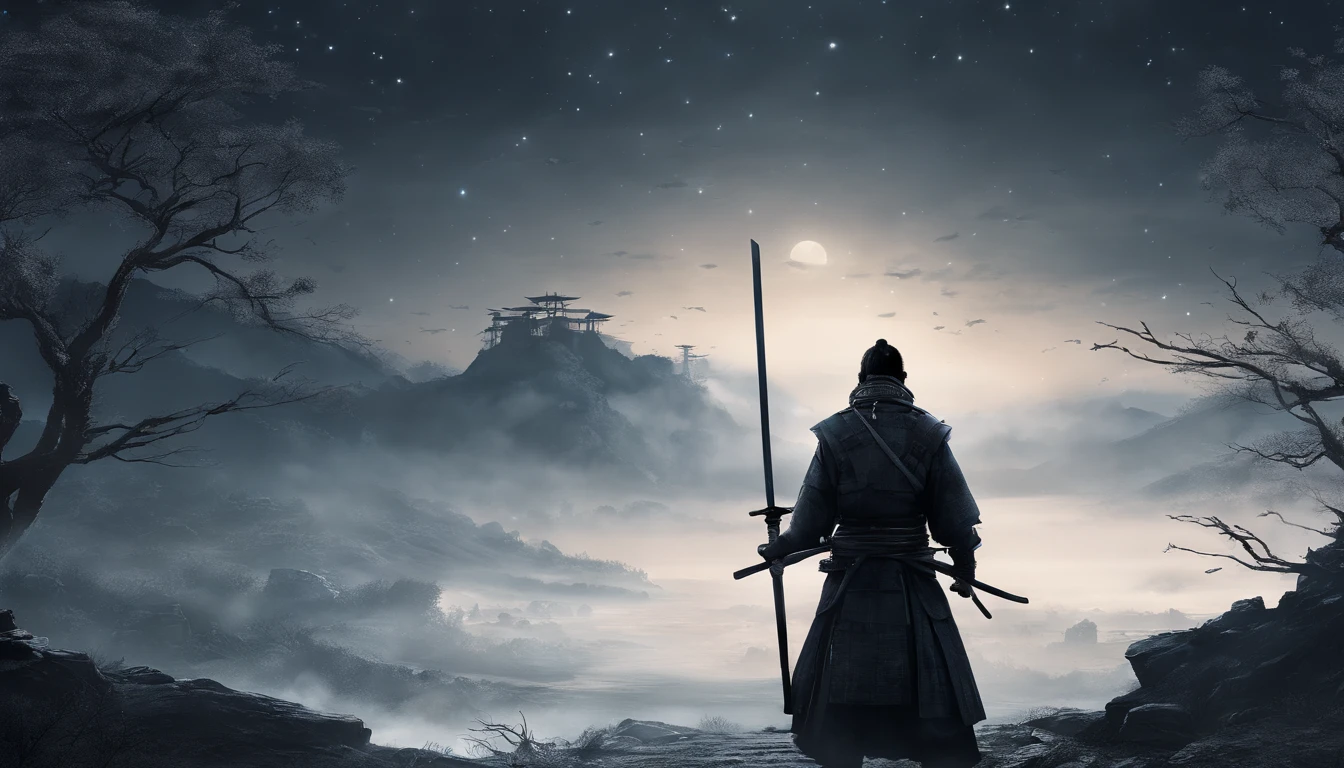 The samurai holds a katana, Starry skies and mist shroud the landscape, looking at viewer, face focus