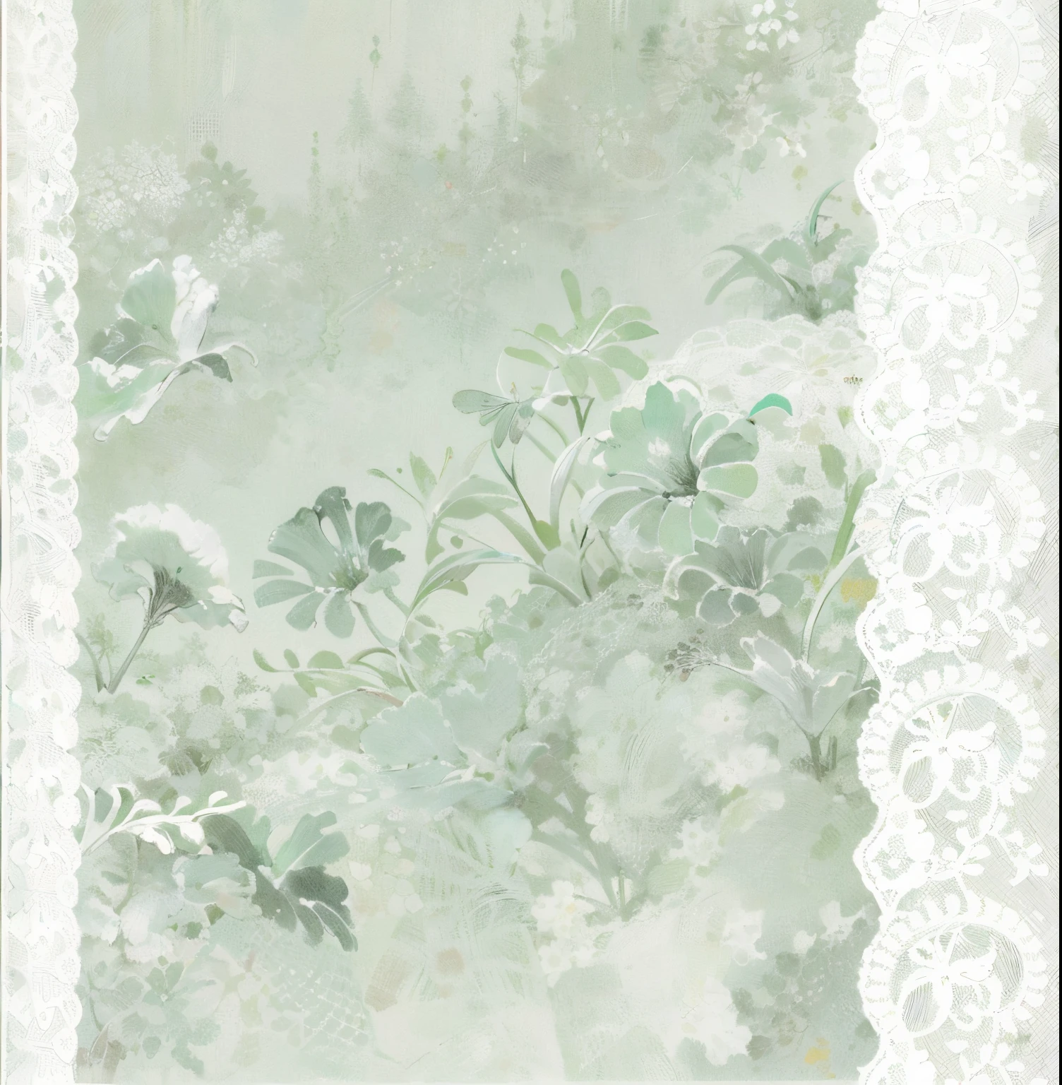 there is a picture of a green and white wallpaper with a lace border, pale green background, pale greens and whites, white border and background, pastel flowery background, white border, pastel green, white lace, white borders, large white border, background white, faded background, sage green, light greens and whites, muted green, lace, victorian lace --auto