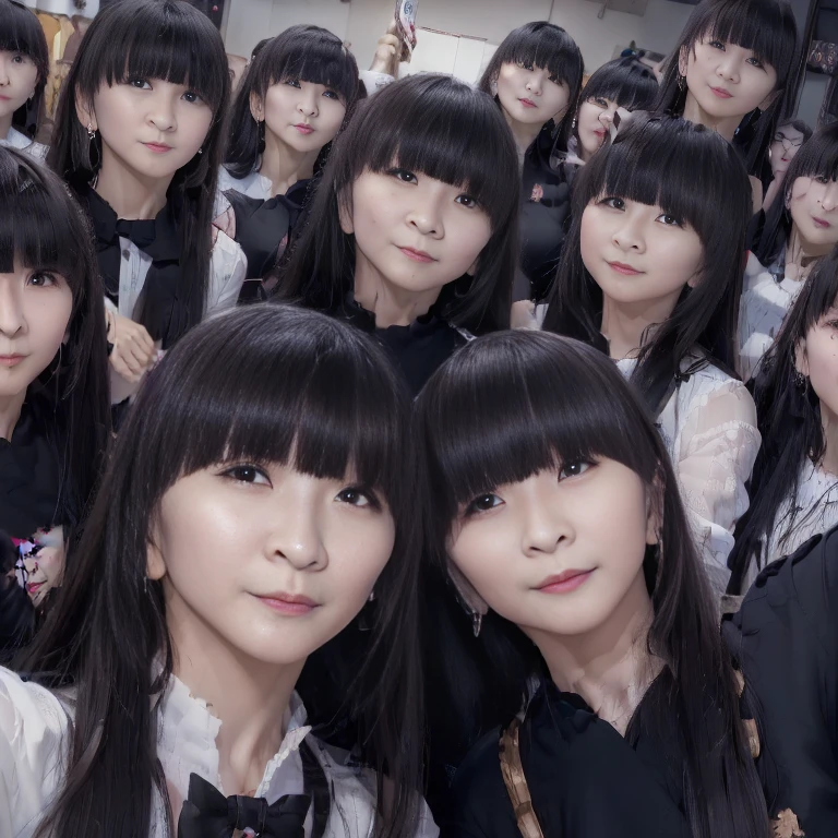 a picture、(((multiple girls))),((((6+girls))))、((10 girls))、The same face、matching school uniform、************、Long black hair、10 cute girls、((((Gigantic Breasts))))、a smile、Selfie stick、‎Classroom、Raw photo、same person、Doppelganger、(group portraits)、a junior high school student