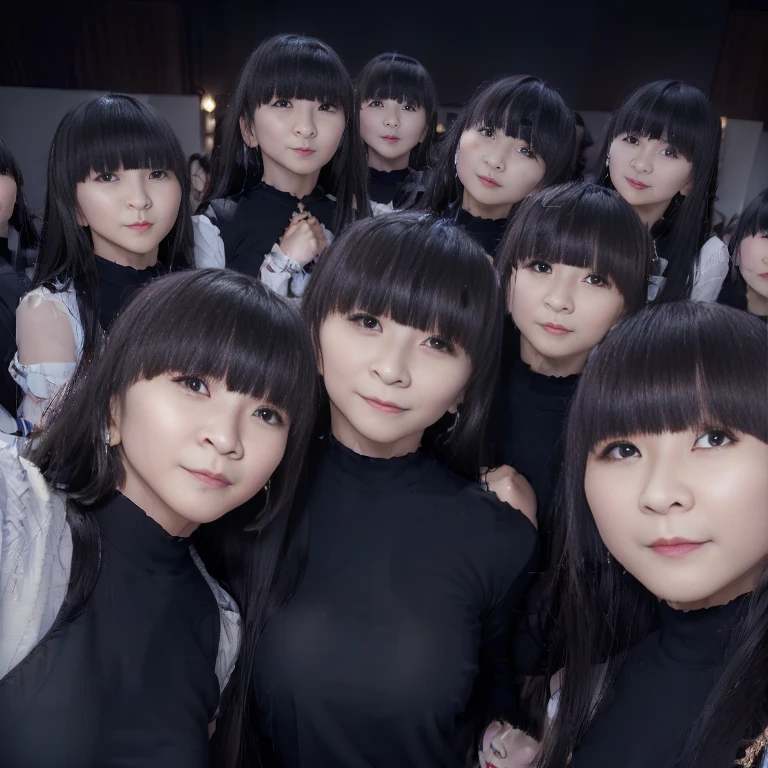 a picture、(((multiple girls))),((((6+girls))))、((10 girls))、The same face、matching school uniform、************、Long black hair、10 cute girls、((((Gigantic Breasts))))、a smile、Selfie stick、‎Classroom、Raw photo、same person、Doppelganger、(group portraits)、a junior high school student