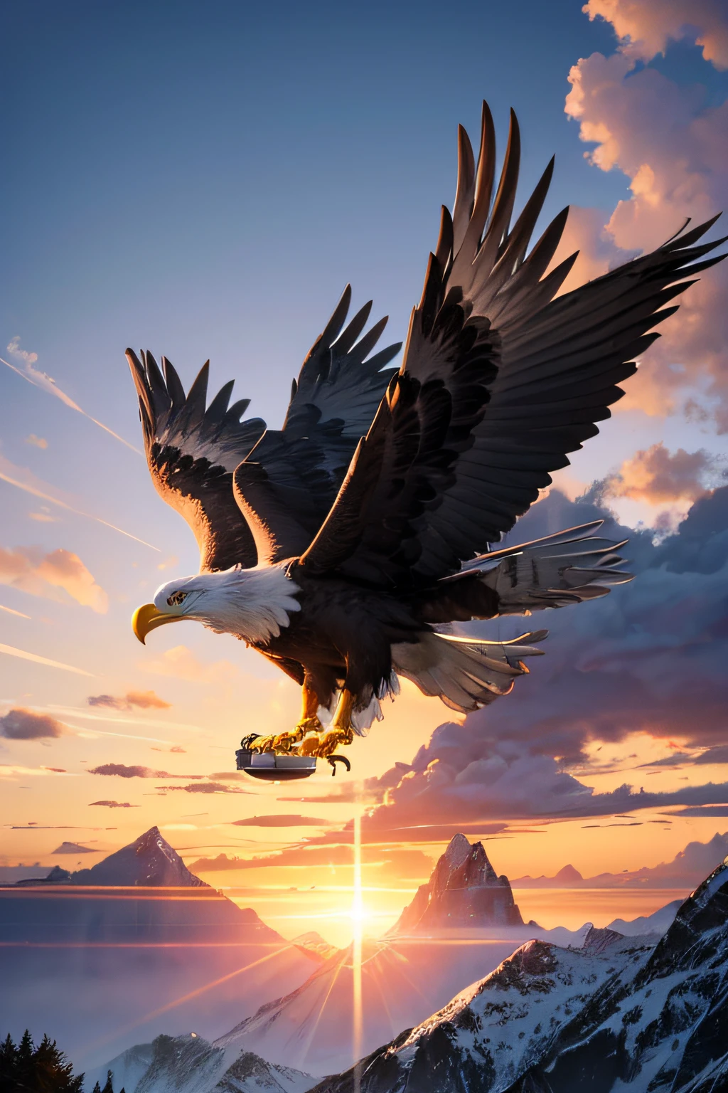 Image: Mighty Eagle, floating freely in the skies above the majestic mountain.
Keywords: freedom, eagle, mountains, Nature, grandeur.
Camera type: DSLR camera for high definition.
Camera lens: Telephoto lens for getting closer to details.
TIME OF DAY: Morning sun or evening sunset for dramatic lighting.
Photography style: Emotional and powerful.
Film type: Digital high contrast.
Camera settings: Medium shutter speed for freezing motion.