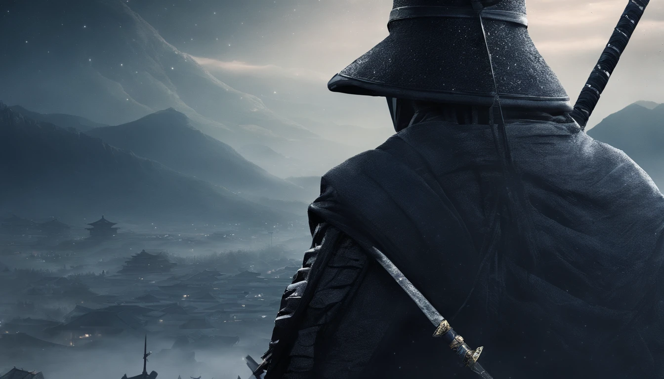 Close up ground level samurai holds a katana, Starry skies and mist shroud the landscape, looking at viewer, face focus