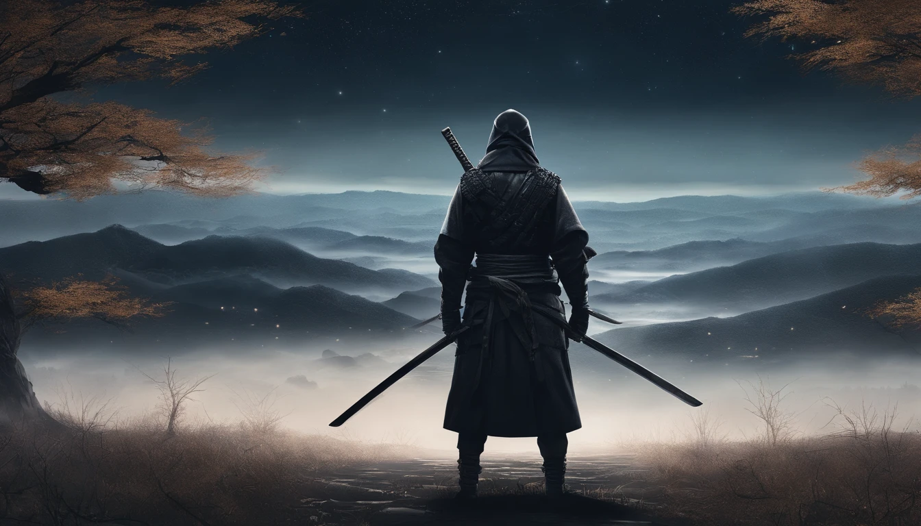 Close up ground level samurai holds a katana, Starry skies and mist shroud the landscape, looking at viewer, face focus