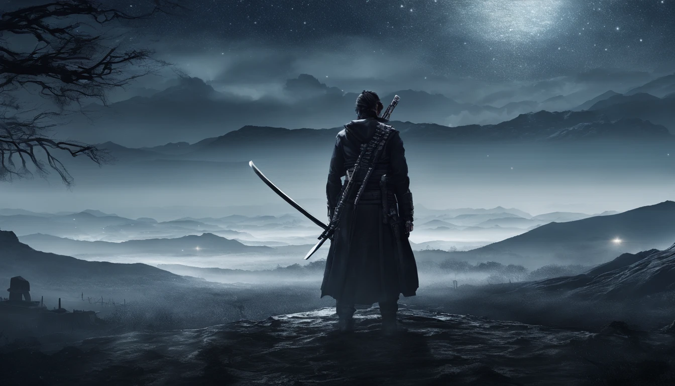 Close up ground level samurai holds a katana, Starry skies and mist shroud the landscape, looking at viewer, face focus