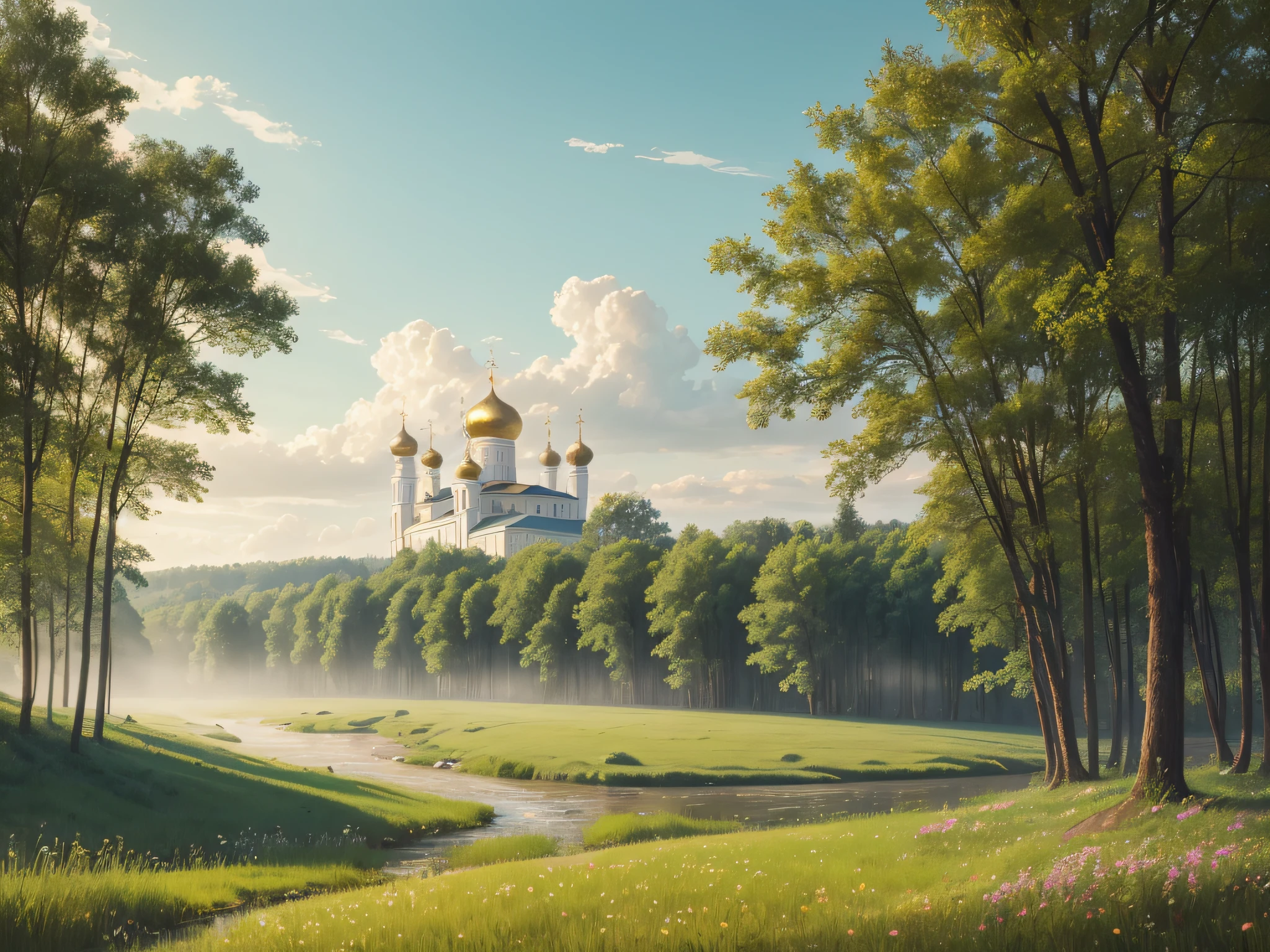 "Russian Summer" landscape, digital painting in soft olive-pastel color palette. Depicted is an exit from a dense forest into a sunny meadow. Further away a wide river flows, obscured by a light morning mist. In the background an Orthodox church with onion domes can be seen. The sky is blue with scattered clouds. Fog lingers between the trees. The atmosphere of a warm summer day is conveyed. Many details are discernible: the texture of the forest, grass. The image is realistic but with a touch of nostalgia.