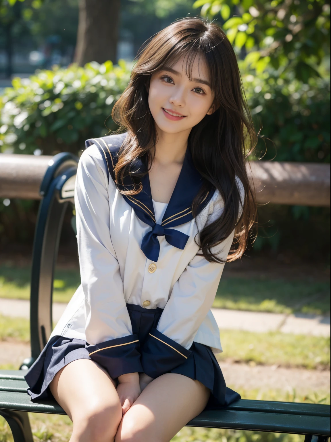 1 Nogizaka Musume, Very cute, a beauty girl, , Beautiful face, eyes and skin with exquisite detail, Detailed black hair, Smile at the camera, cowboy  shot, the way from school to home, profetional lighting, BREAK, (realisitic, Photorealsitic:1.37), 8K, (​masterpiece), (top-quality:1.4), (超A high resolution:1.2), (Raw photography:1.2)、(super detailed beautiful cloths)、perfect anatomia、4fingers and 1thumb、hyper detailed background、(Wallpapers by Unity 8K)、Sit on a chair and open your legs、Underwear is white