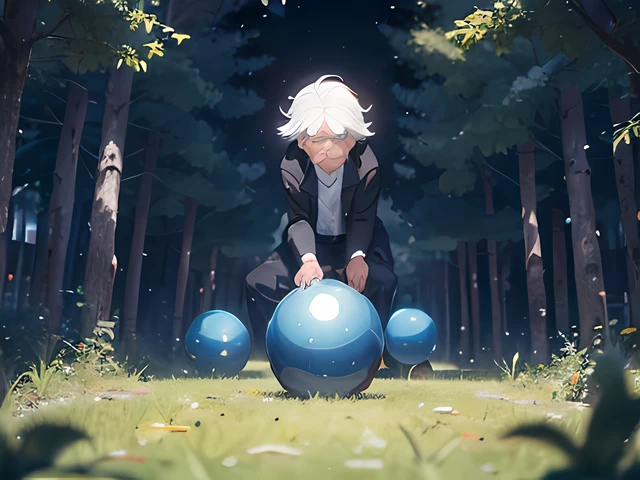 elderly man with black pants has one of the blue balls in his hand