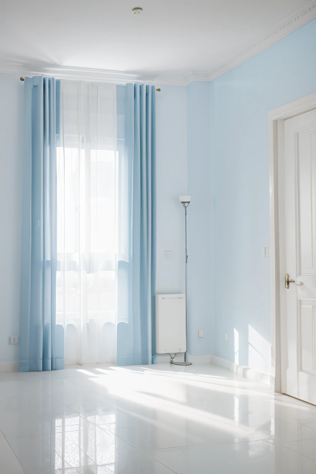 Living room with white floor in perspective and light blue walls with thin white curtains, luz cinematica,UHD