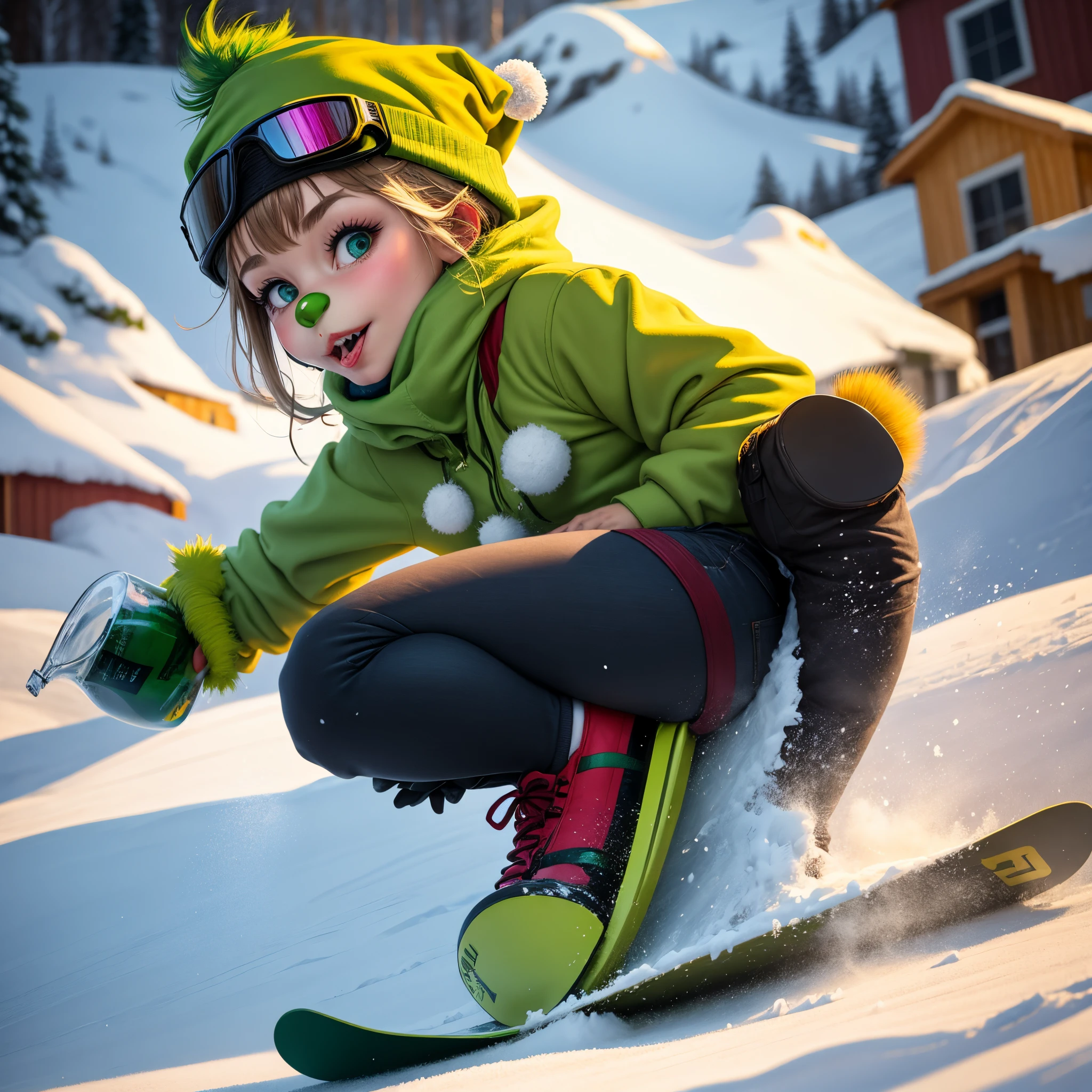 The grinch snowboarding while drinking alcohol