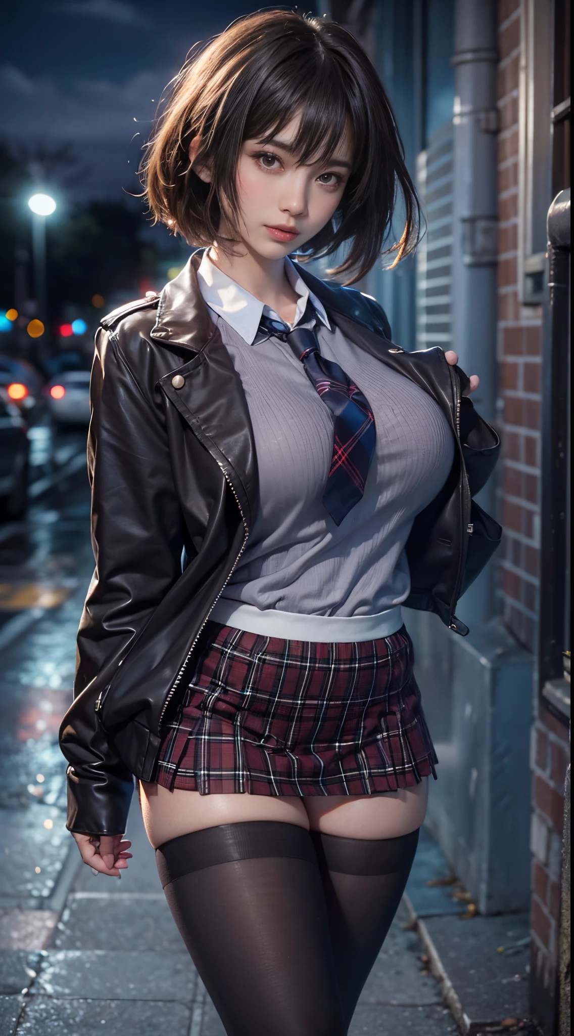 Best quality, masterpiece, ultra high res, (photorealistic:1.4), raw photo, (perfect body shape), (slim:1.2), dynamic pose, 1girl, (full figure:0.9), solo, big breasts, sagging breasts, school uniform, plaid mini skirt, in the dark, night, on the street, deep shadow, low key, cold light 12000K