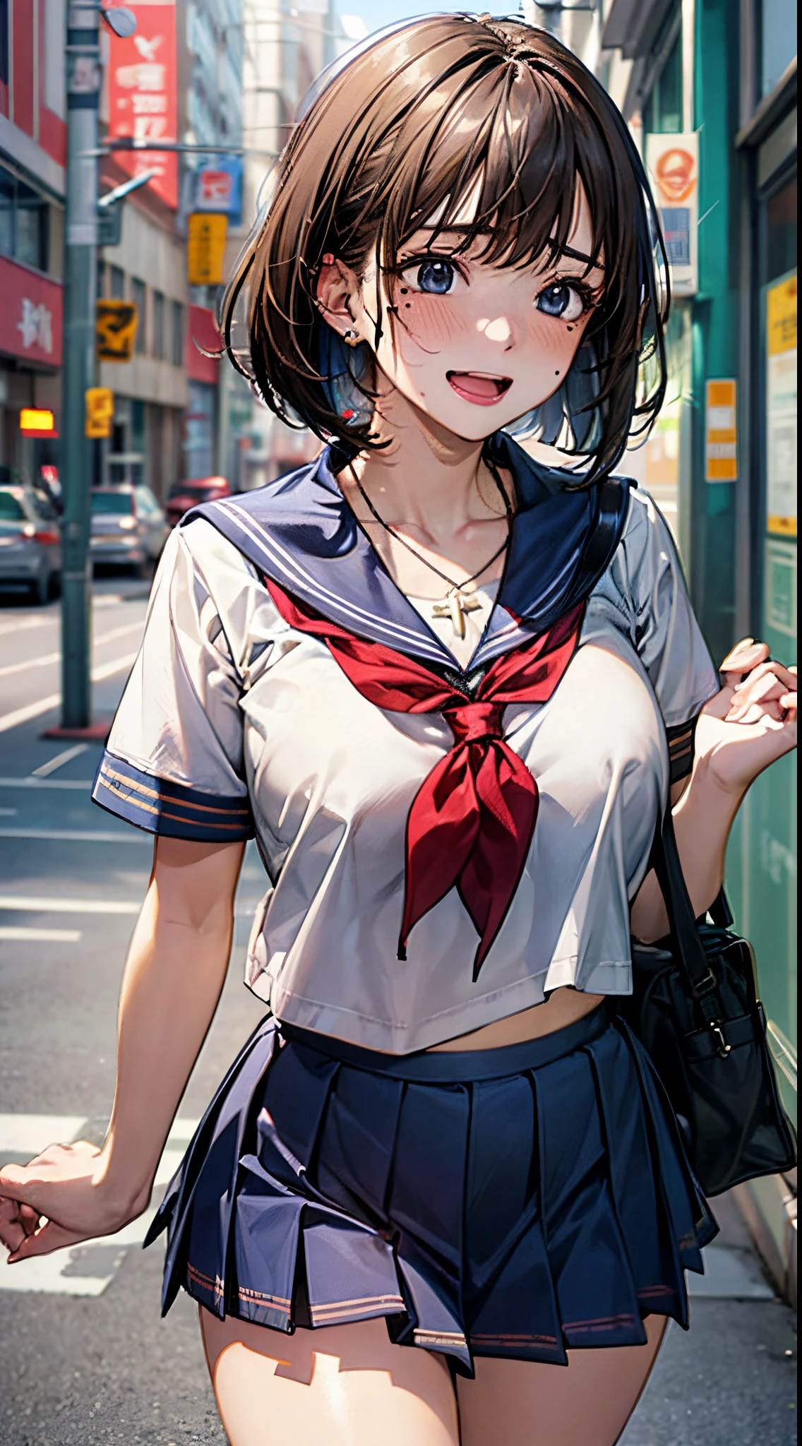 (((perfect anatomy, super detailed skin))), 1 girl, japanese, high school girl, shiny skin, large breasts:0.5, looking away, looking up, watching the view, 
beautiful hair, beautiful face, beautiful detailed eyes, (short hair:1.2, bob cut:1.2), light brown hair, blue eyes, 
beautiful clavicle, beautiful body, beautiful chest, beautiful thighs, beautiful legs, babyface, mole under eye, 
((short sleeves, navy sailor suit, navy pleated skirt, navy sailor collar, red sailor scarf, school shoes), school bag, cross necklace), seductive thighs, , 
((, ashamed, , open mouth)), walking, bending forward, ((sex toys in panties, leaking pee:0, leaking poop:0)), 
(beautiful scenery), summer, runing, street, 
8k, top-quality, masterpiece​:1.2, extremely detailed), (, photorealistic), beautiful illustration, cinematic lighting,