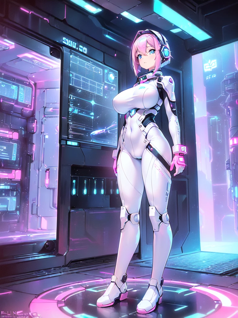 masterpiece:1.4, 1girl in ((20yr old, Wearing a futuristic white and silver costume, Tight Fit Bodysuit, long boots, Very gigantic-breasts, (Colorful pink hair):1.3, a short bob, Perfect model body, Blue eyes:1.2, Wearing headphones, Looking out the window of the futuristic sci-fi space station、While admiring the beautiful galaxy:1.2, SFSF control room on night background:1.1, Neon and energetic atmosphere:1.2)) ((Galaxy))