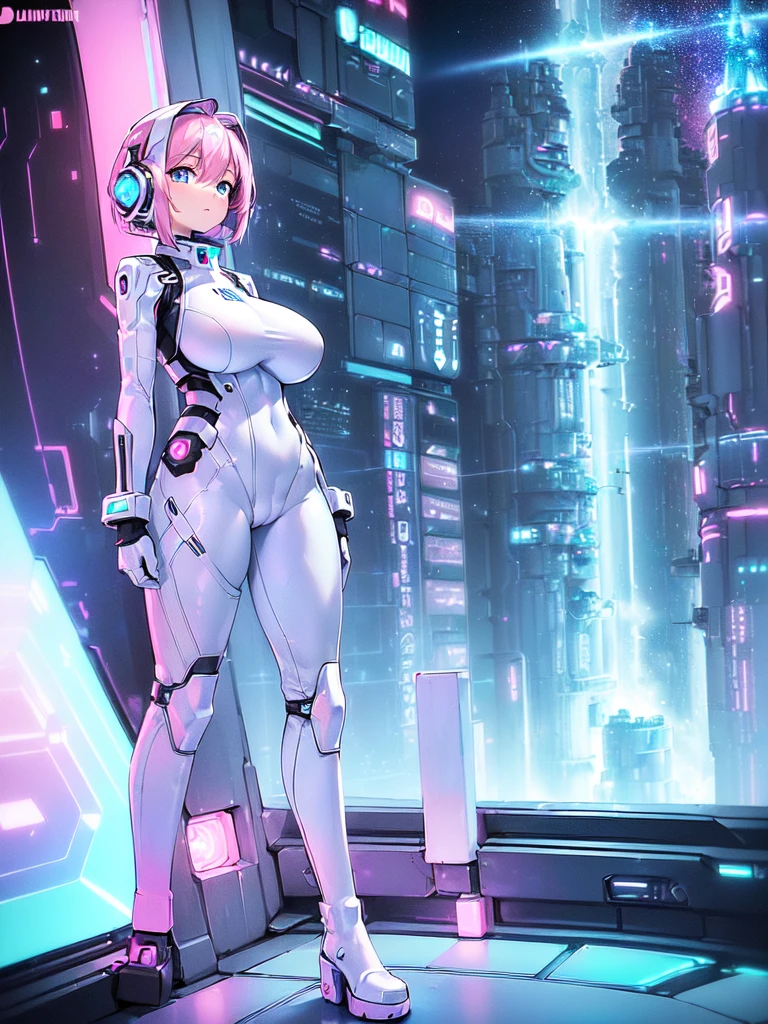 masterpiece:1.4, 1girl in ((20yr old, Wearing a futuristic white and silver costume, Tight Fit Bodysuit, long boots, Very gigantic-breasts, (Colorful pink hair):1.3, a short bob, Perfect model body, Blue eyes:1.2, Wearing headphones, Looking out the window of the futuristic sci-fi space station、While admiring the beautiful galaxy:1.2, SFSF control room on night background:1.1, Neon and energetic atmosphere:1.2)) ((Galaxy))