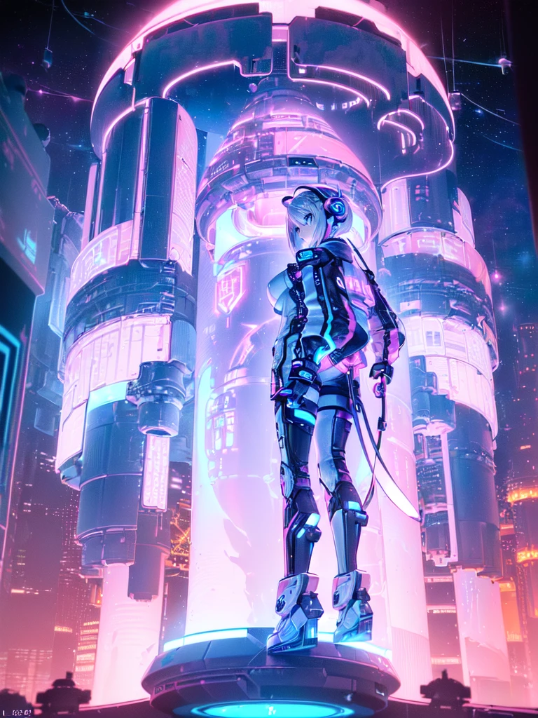 ​masterpiece:1.4, 1girl in ((20yr old, Wearing a futuristic white and silver costume, Tight Fit Bodysuit, long boots, Very gigantic-breasts, (Colorful pink hair):1.3, a short bob, Perfect model body, Blue eyes:1.2, Wearing headphones, Looking out the window of the futuristic sci-fi space station、While admiring the beautiful galaxy:1.2, SFSF control room on night background:1.1, Neon and energetic atmosphere:1.2)) ((Galaxy))