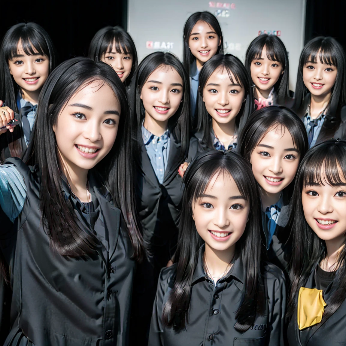 a picture、(((multiple girls))),((((6+girls))))、((10 girls))、The same face、matching school uniform、************、Long black hair、10 cute girls、((((Gigantic Breasts))))、a smile、Selfie stick、‎Classroom、Raw photo、same person、Doppelganger、(group portraits)、a junior high school student