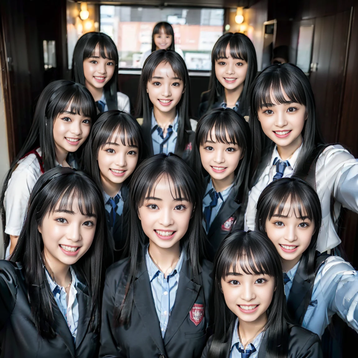 a picture、(((multiple girls))),((((6+girls))))、((10 girls))、The same face、matching school uniform、************、Long black hair、10 cute girls、((((Gigantic Breasts))))、a smile、Selfie stick、‎Classroom、Raw photo、same person、Doppelganger、(group portraits)、a junior high school student