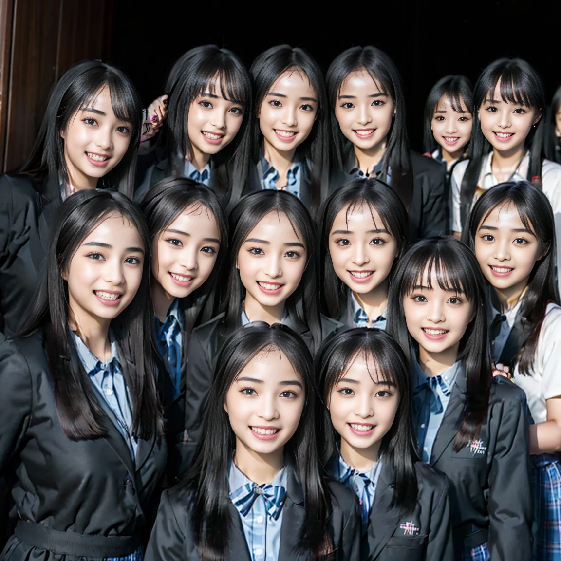 a picture、(((multiple girls))),((((6+girls))))、((10 girls))、The same face、matching school uniform、、Long black hair、10 cute girls、((((Gigantic Breasts))))、a smile、Selfie stick、‎Classroom、Raw photo、same person、Doppelganger、(group portraits)、a junior high  student